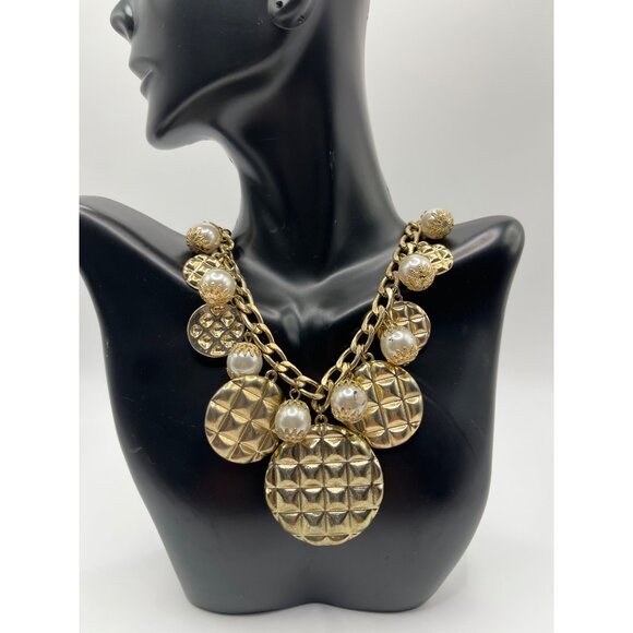 Gold Tone Statement Necklace With Pearl & Textured Disc Charms - Picture 3 of 6
